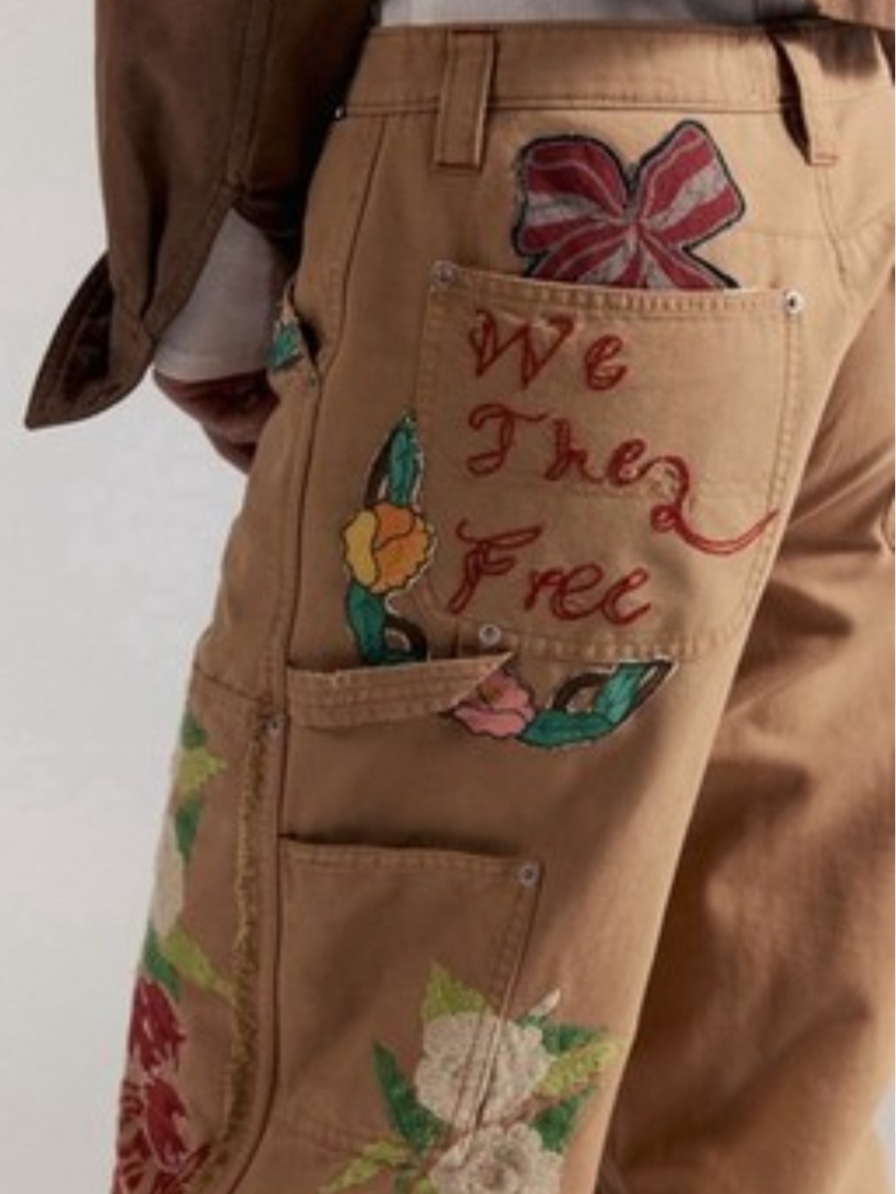 Free People "Bright Time Craft" Tan Embroidered Floral Wide-Leg Jeans - Picture 7 of 14